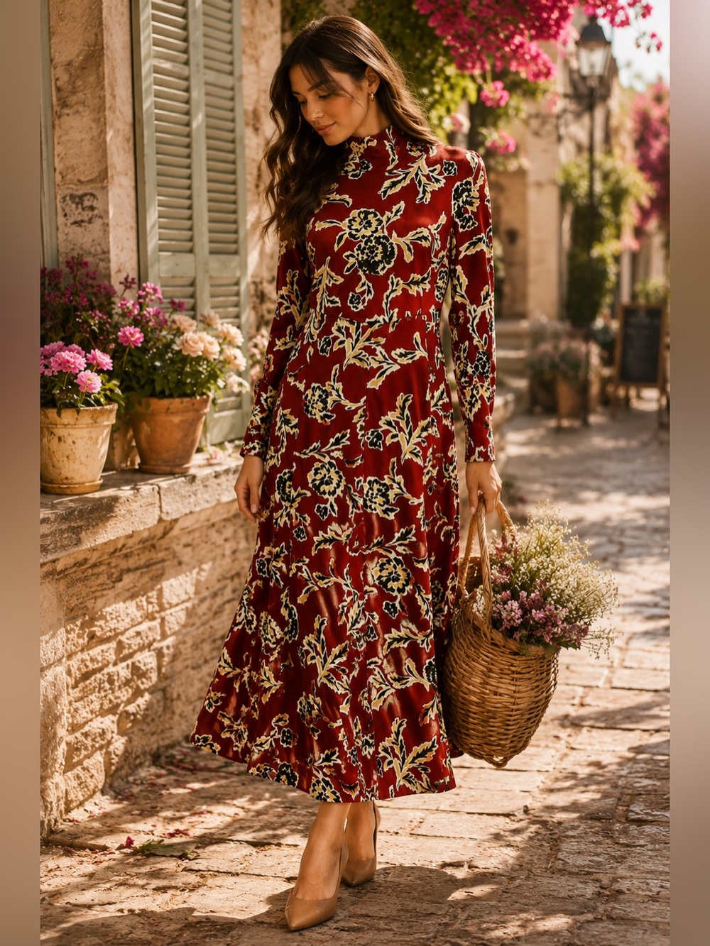 Tanya Taylor Thea Dress NWT Red Floral Mock Neck Midi Dress Size Large